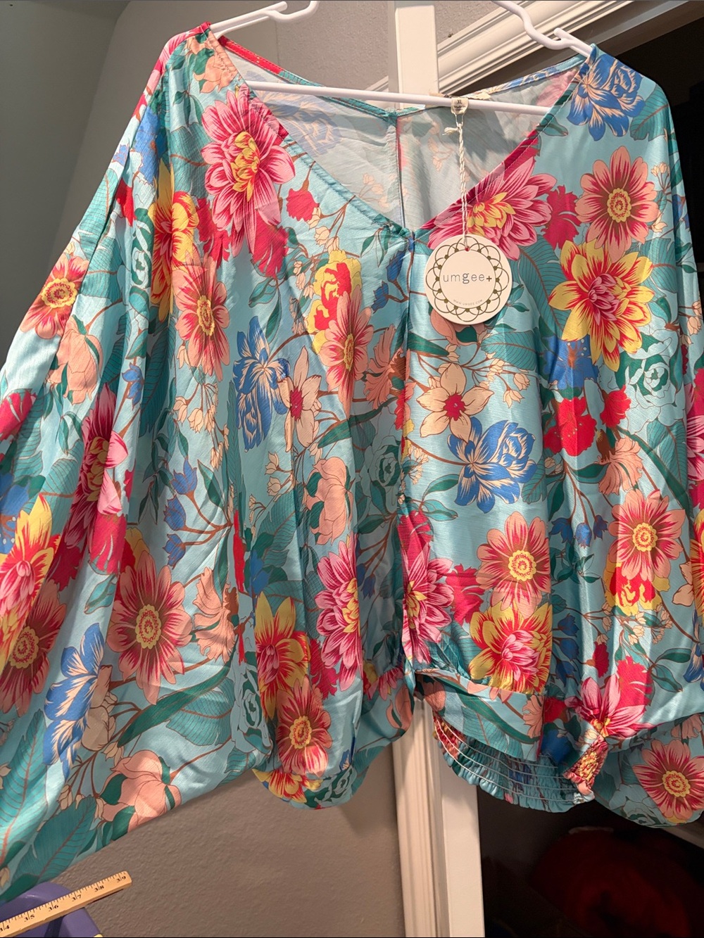 Umgee Floral V-Neck Batwing Top in Aqua with Multicolor Flowers